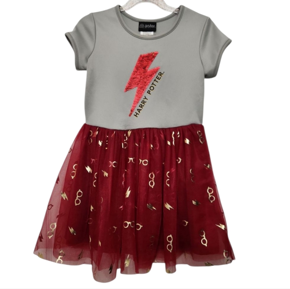 Harry Potter Little Girls Gray and Red Dress Sequin Bolt Dress with Tulle Skirt‎
